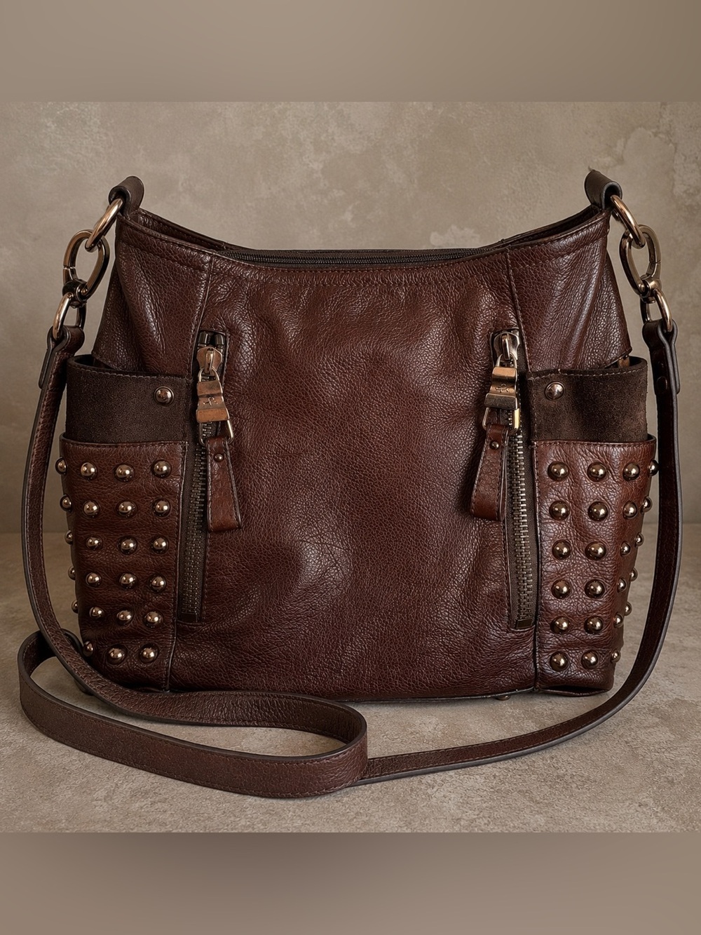 B Makowsky Brown Leather Studded Moto Crossbody Hobo Bag Y2K